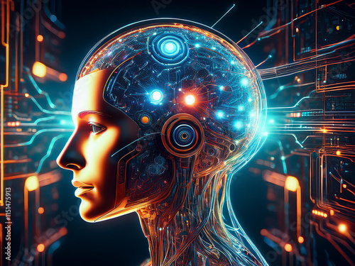 Futuristic representation of artificial intelligence with female android's synapses firing concept art photo