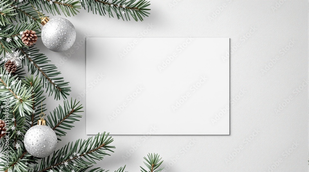 Blank Christmas card mockup with fir branches, silver ornament, and snowflakes. Perfect for holiday greeting cards, invitations, or winter stationery design Blank Christmas card mockup with fir branches, silver ornament, and snowflakes. Perfect for holiday greeting cards, invitations, or winter stationery design