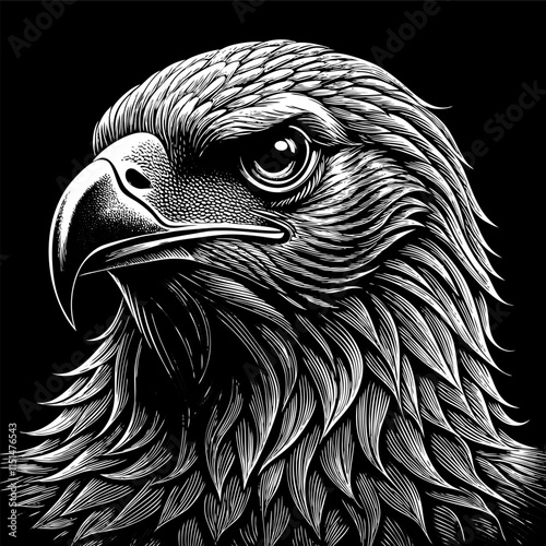 Majestic Eagle Portrait with Detailed Feathers in Black and White Style.