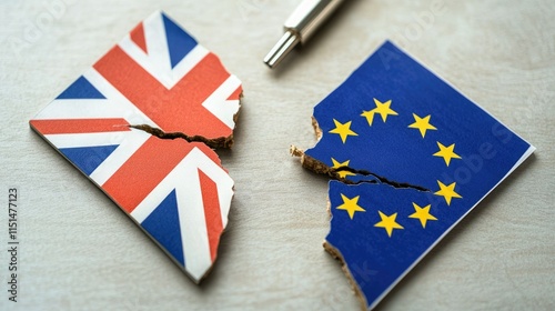 A broken representation of the UK and EU flags, symbolizing division and Brexit, with a pen suggesting negotiation or decision-making. photo