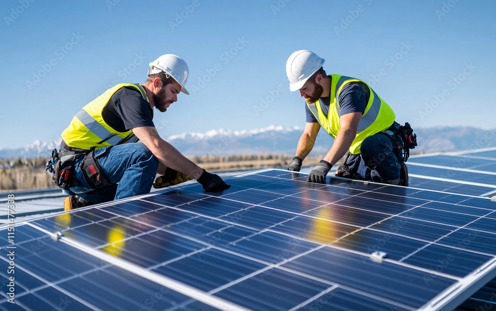 Engineers Installing Solar Panels on Rooftop Under Clear Sky for Practical Renewable Energy Implementation Engineers Installing Solar Panels on Rooftop Under Clear Sky for Practical Renewable Energy Implementation