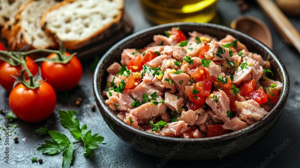 Bowl of fresh tuna with tomatoes and bread slices Bowl of fresh tuna with tomatoes and bread slices