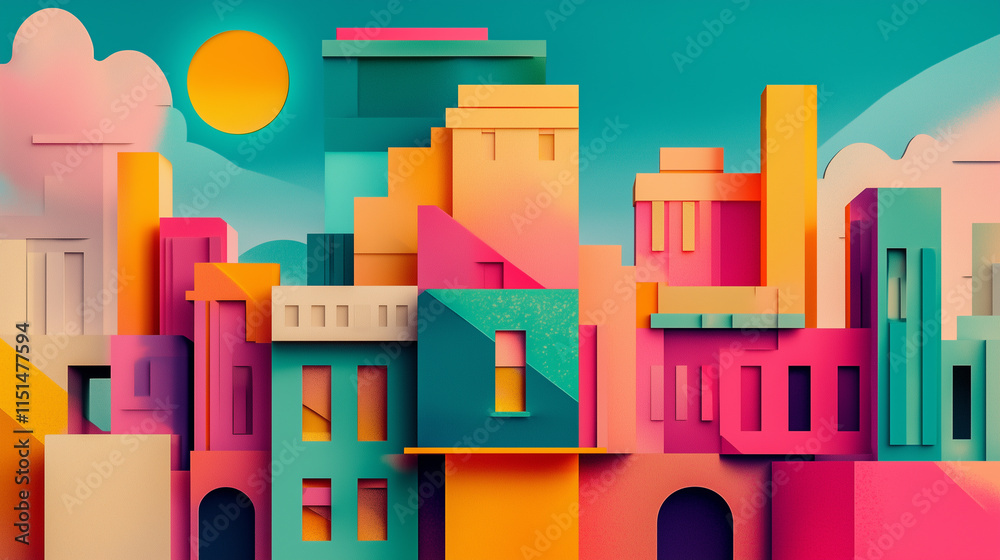 Naklejka premium Vibrant Cityscape Abstract Geometric Buildings, Sunny Sky