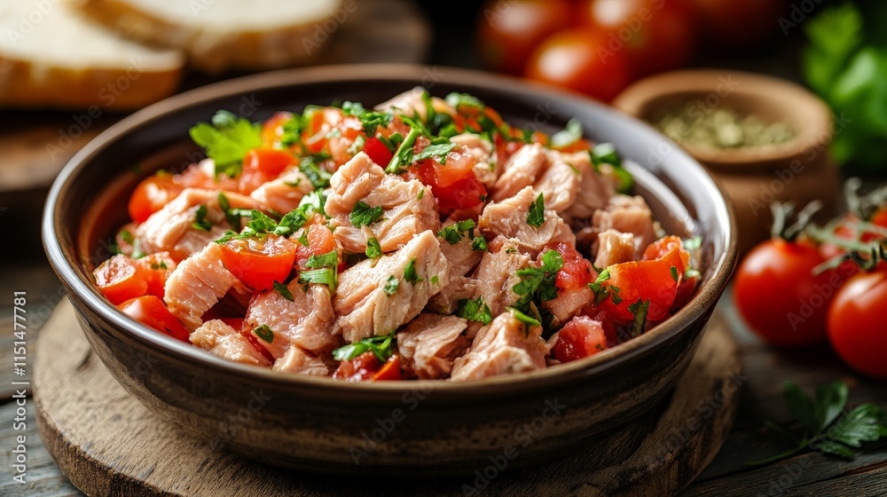 Bowl of fresh tuna with tomatoes and bread slices Bowl of fresh tuna with tomatoes and bread slices