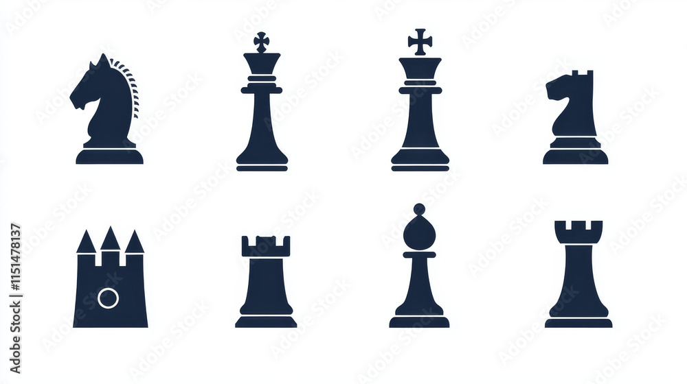 Vector set of chess icons set isolate on white. Knight and pawn, bishop chess and castle illustration Vector set of chess icons set isolate on white. Knight and pawn, bishop chess and castle illustration