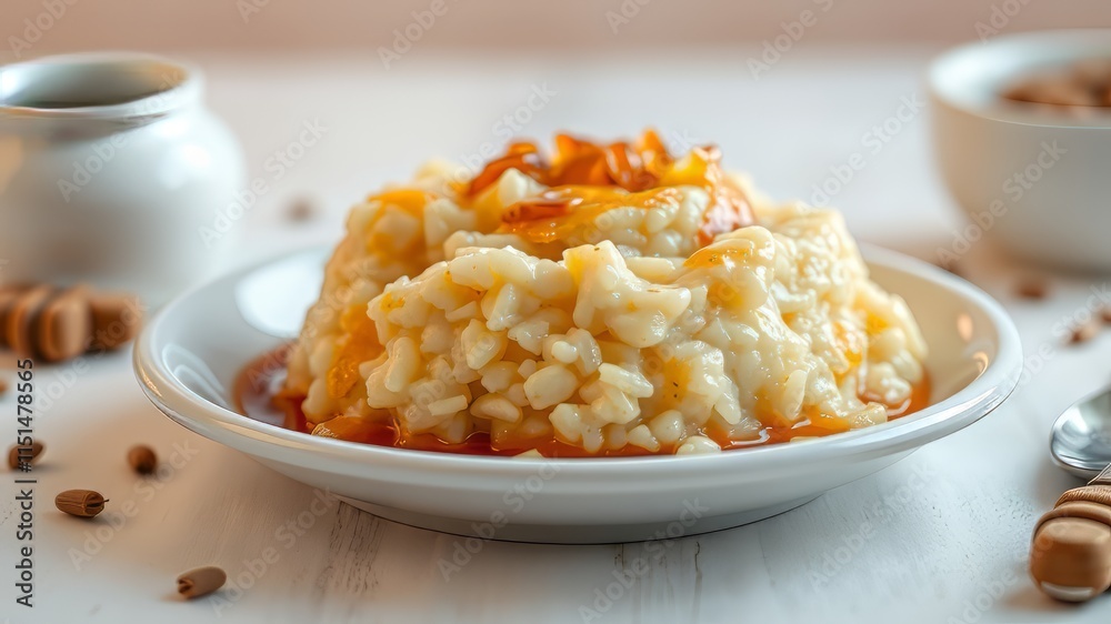 Caramelized Rice Pudding - White Bowl - Delicious Dessert - Food Photography - High-Quality Image Caramelized Rice Pudding - White Bowl - Delicious Dessert - Food Photography - High-Quality Image