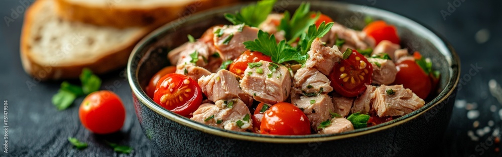 Bowl of fresh tuna with tomatoes and bread slices Bowl of fresh tuna with tomatoes and bread slices