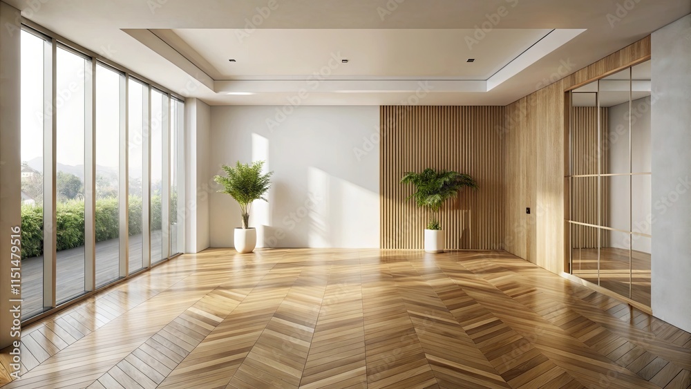 Obraz premium Bright, airy minimalist living space with hardwood floors and large windows showcasing a tranquil outdoor view