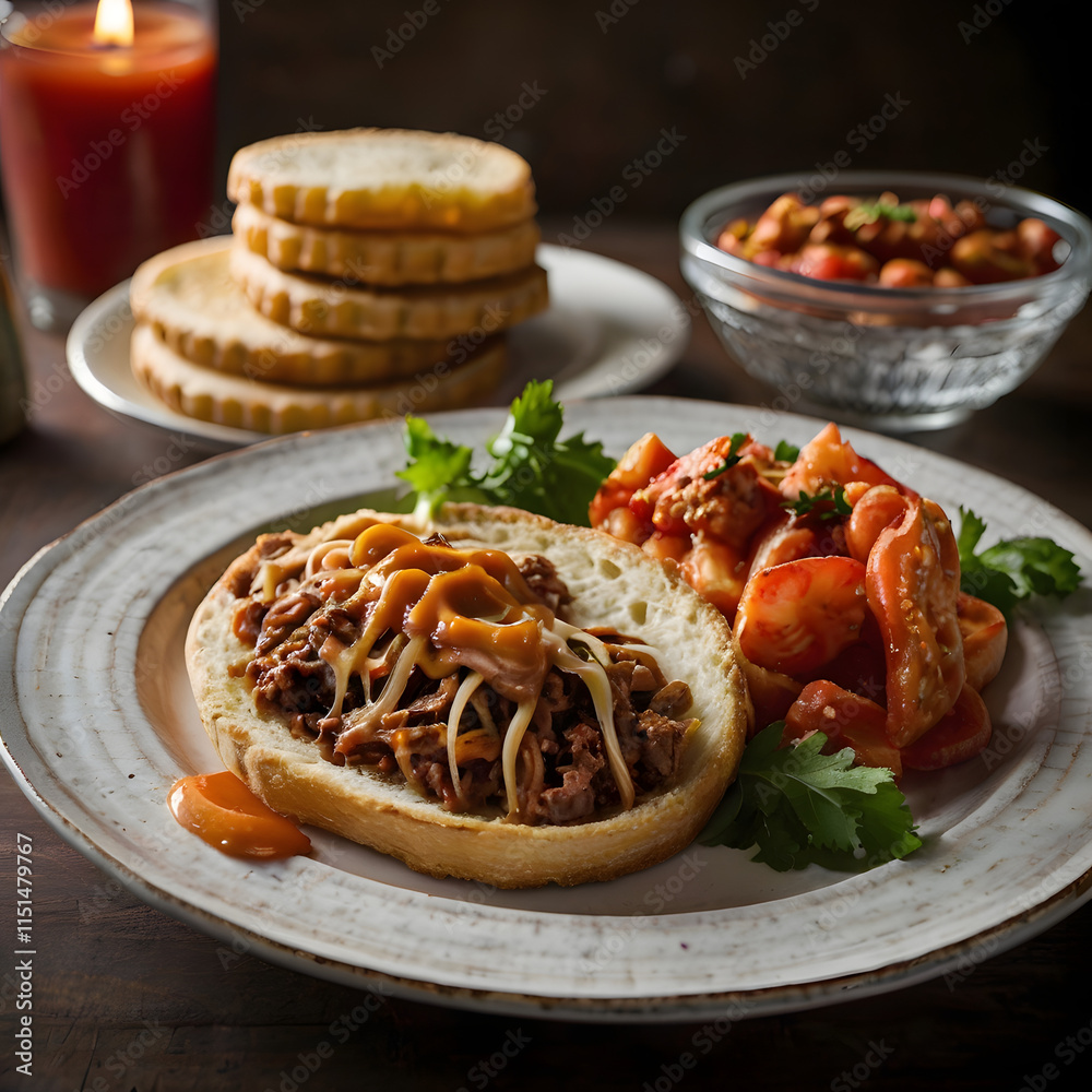 Fototapeta premium plate featuring a Nashville-style sandwich alongside slices of fresh bread. 