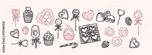 Hand drawn Valentine's day sweets collection. Whimsical illustration