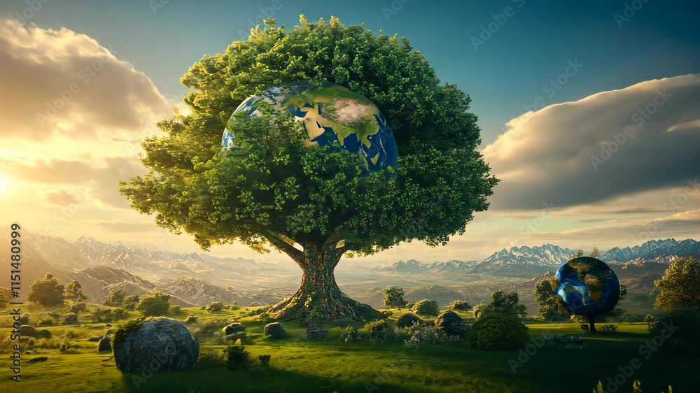 A tree shaped like Earth growing in a lush green meadow, pic