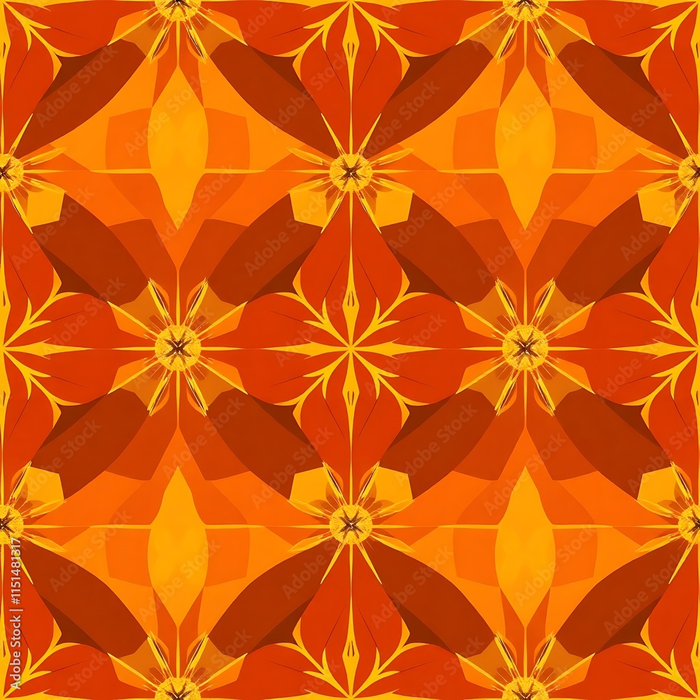 Fiery Floral Mandala: A seamless pattern of stylized orange and brown flowers forming a captivating mandala design. Perfect for textile prints, wallpapers, and decorative projects. Fiery Floral Mandala: A seamless pattern of stylized orange and brown flowers forming a captivating mandala design. Perfect for textile prints, wallpapers, and decorative projects.