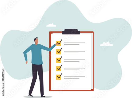 Complete checklist or finishing checkbox, task done within deadline, complete tasks list or project,business concept.flat character.