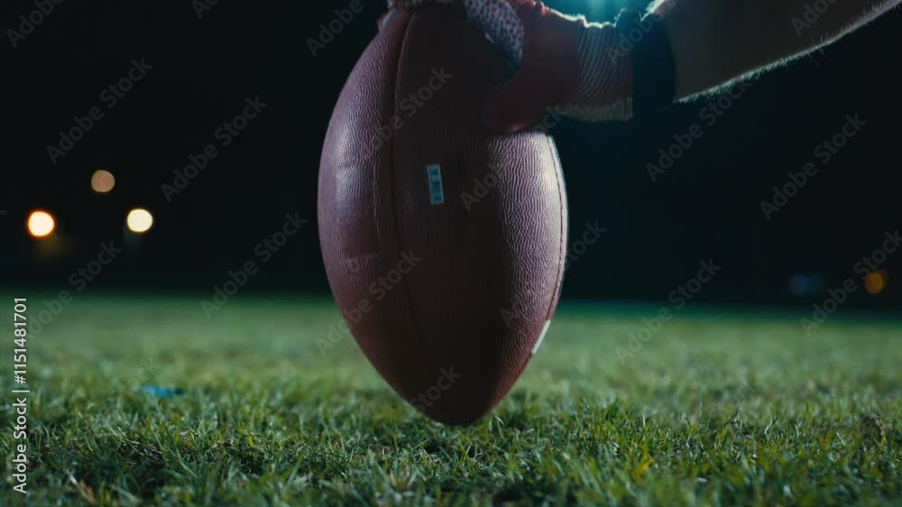 Cinematic shot of American Football player Kickoff Game Start. Static Close-up of Ball Being Kicked by the Professional Player. Gates Goal Kick. Successful Team Scores and Wins Championship.