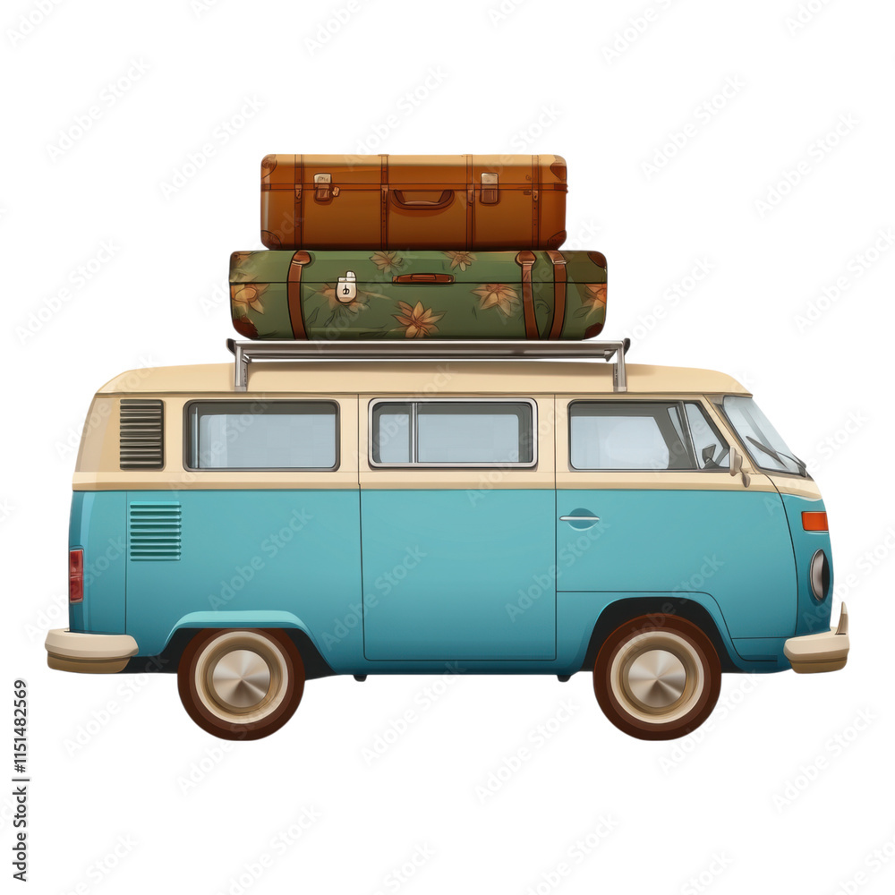 Camper van icon featuring travel luggage on top, ideal for travel themes, adventure graphics, or outdoor activities, PNG format, transparent background