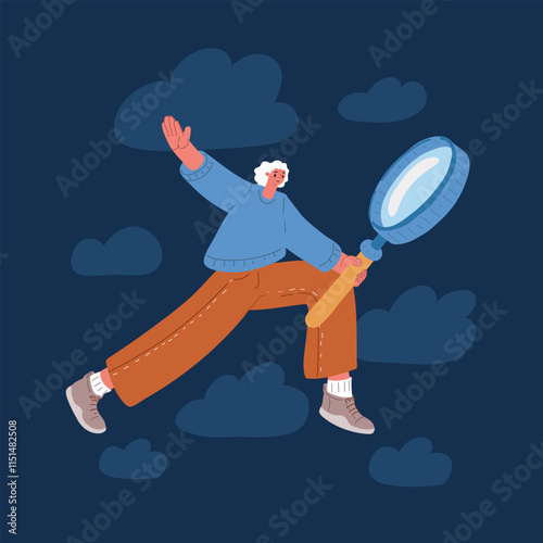 Cartoon vector illustration of a woman flying in the clouds, studying something through a magnifying glass, symbolizing exploration, curiosity, and discovery.