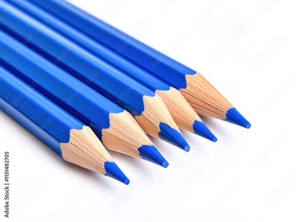 Fototapeta premium Vibrant Blue Pencils Against a White Background: A Close-Up Exploration of Sharp Tips and Clean Lines, Celebrating the Beauty of Everyday Writing Tools.