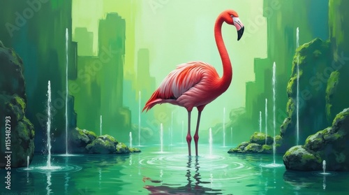 Flamingo in a Futuristic City Fountain photo