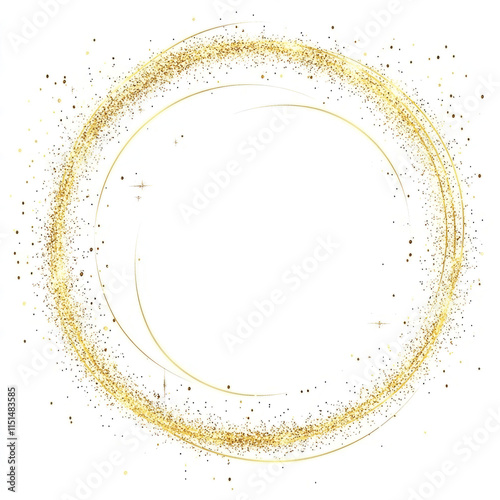 Gold glitter circle frame on a white background, 