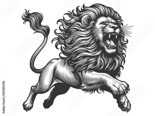 lion in a powerful pouncing position, with a flowing mane, drawn in an engraving style sketch engraving generative ai vector illustration. Scratch board imitation. Black and white image.