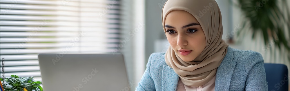 Focused Professional Woman in Hijab Working Focused Professional Woman in Hijab Working