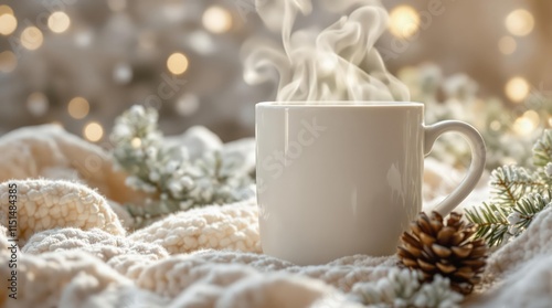 Warm cozy winter scene with steaming mug on knitted blanket. Perfect for Christmas, New Year, and winter holidays