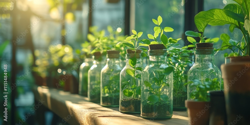 Botanical Lab Setup with Herbal Plants in Glass Bottles Botanical Lab Setup with Herbal Plants in Glass Bottles