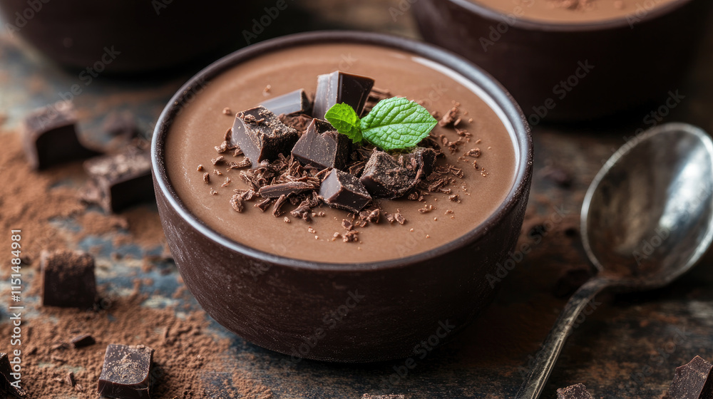 Delicious chocolate mousse garnished with chocolate shavings and fresh mint on a Mocha Mousse colored backdrop Delicious chocolate mousse garnished with chocolate shavings and fresh mint on a Mocha Mousse colored backdrop