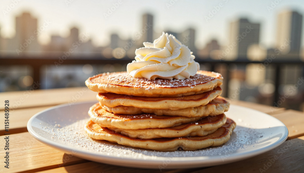 Good food fluffy pancakes with whipped cream on a sunny terrace Good food fluffy pancakes with whipped cream on a sunny terrace