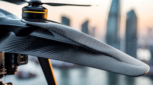 Close-up of a Drone's Carbon Fiber Arm Against City Skyline