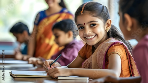 Indian teacher in saree teaching student in classroom, warm educational atmosphere and smiles