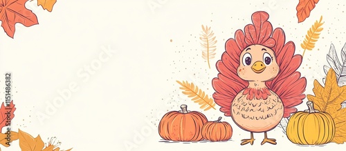 Cute cartoon turkey with pumpkins and autumn leaves. photo