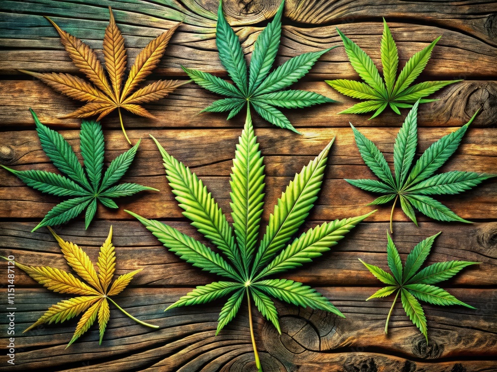 Fototapeta premium Panoramic cannabis leaf illustration, digitally rendered on a wood log background. High-resolution stock image.