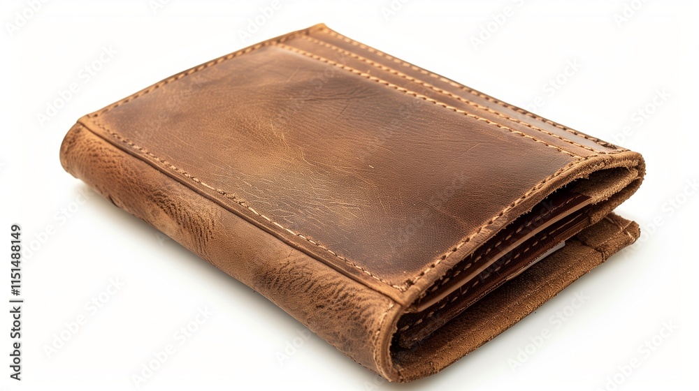 A classic leather wallet with card slots, captured isolated on a white background. A classic leather wallet with card slots, captured isolated on a white background.