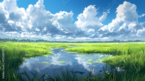 Serene Landscape: A Summer Meadow with Reflections
