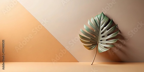Elegant tropical leaf on a dual-toned backdrop, minimalist design aesthetic