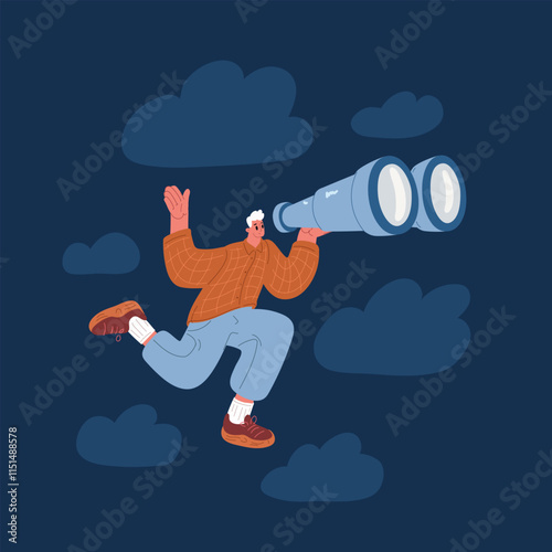 Cartoon vector illustration of a person running with a large pair of binoculars in their hands, symbolizing pursuit, adventure, and the search for new opportunities.