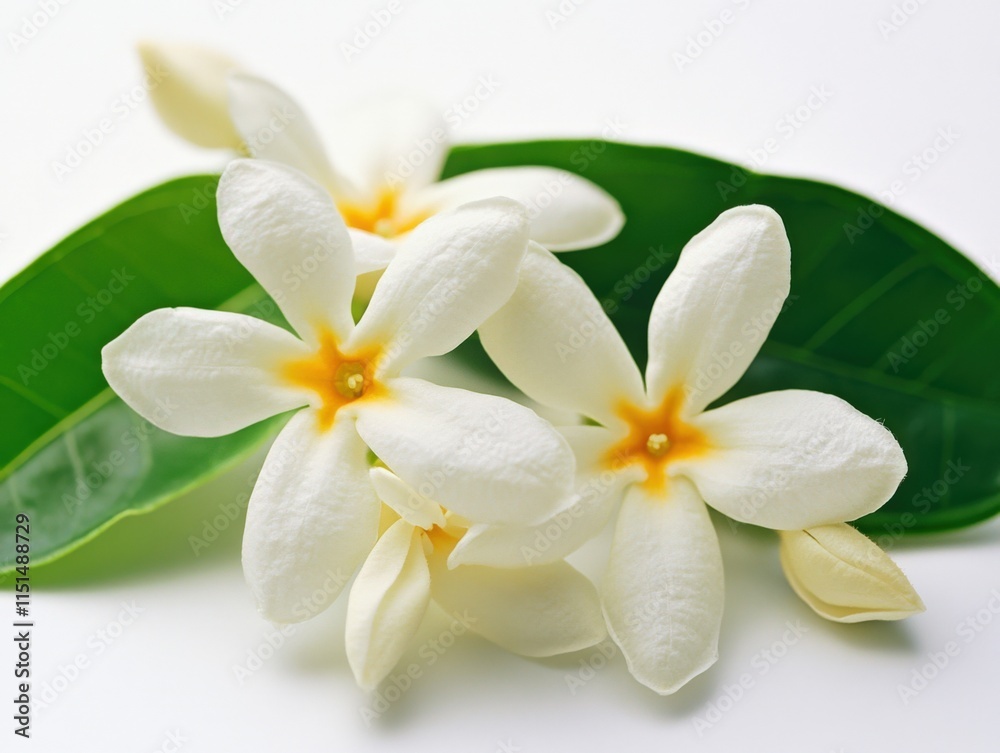 Fototapeta premium white flowers with yellow centers on green leaves