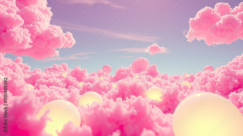 Obraz premium Dreamy Pink Cloud Spheres Fantasy Landscape - Vibrant AI Art