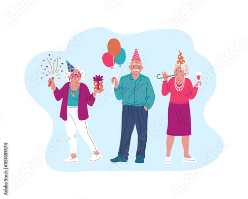 Vector illustration of elderly people with balloons, party popper and gift celebrating birthday.