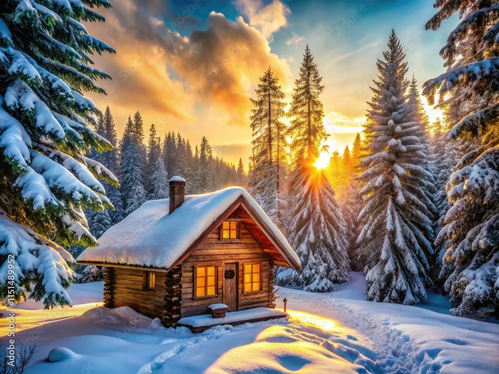 Fototapeta premium Snowy forest backdrop for a cozy cabin's rustic charm, perfect winter photography.