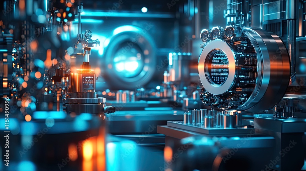 Futuristic high-tech lab with complex machinery and glowing elements. Futuristic high-tech lab with complex machinery and glowing elements.