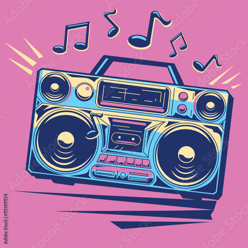 Music design - colorful playing boom box tape recorder with musical notes