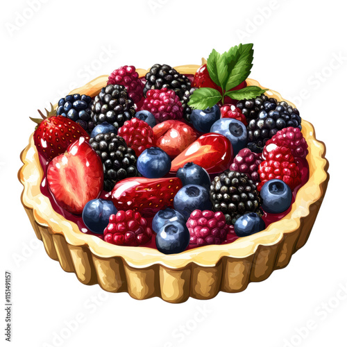 Glossy fruit tart icon, vibrant colors, appetizing design, transparent background, ideal for culinary applications, digital menus, food blogs