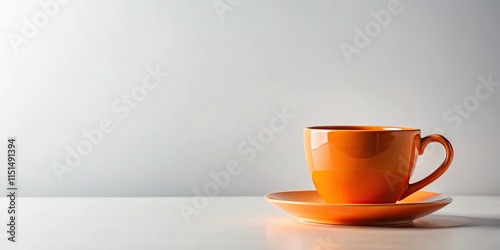 A vibrant orange teacup and saucer rest on a pristine white surface against a minimalist backdrop.