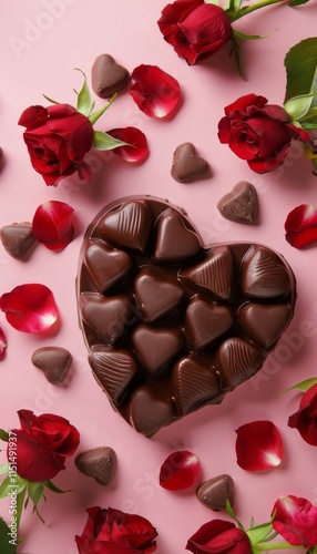 Heart shaped chocolate gift adorned with red roses on a soft pink background for valentine s day photo