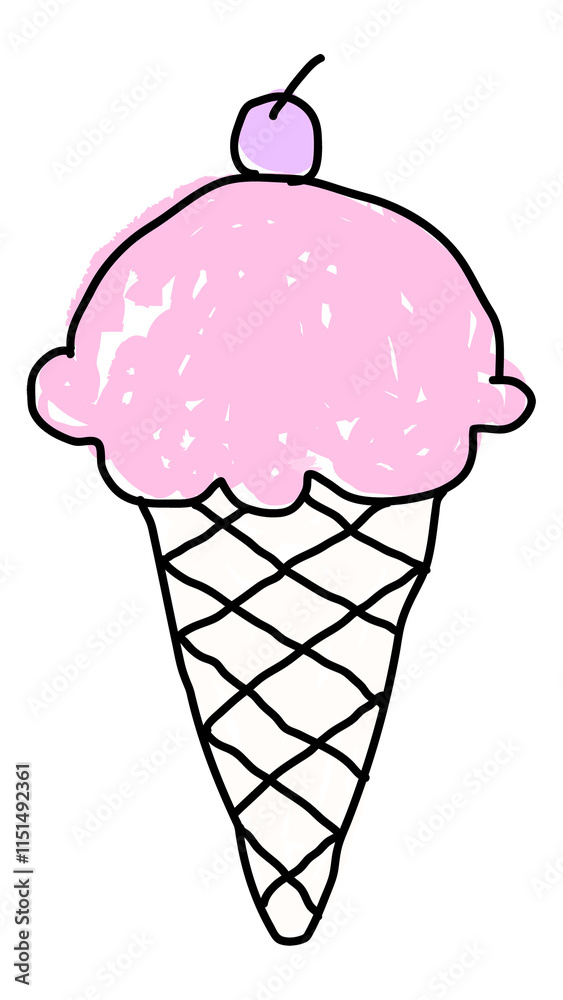 Strawberry ice cream in a waffle cone doodle style design element Strawberry ice cream in a waffle cone doodle style design element
