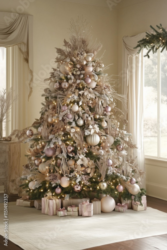 An extravagant Christmas tree adorned with gold and purple accents, surrounded by neatly wrapped presents, capturing the essence of luxury during the holiday season.