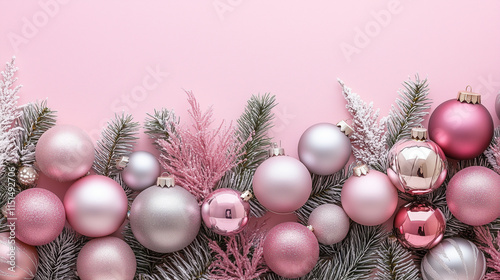 A collection of pastel Christmas ornaments arranged with evergreen branches, creating a festive and elegant holiday atmosphere against a soft pink background.