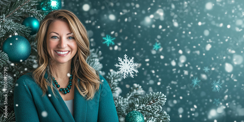 A woman smiles warmly next to a Christmas tree adorned with blue ornaments, surrounded by softly falling snow and a large decorative snowflake.